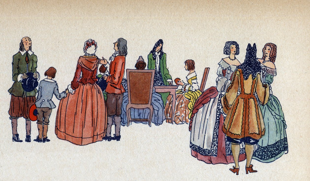 Ludzie w mieszkaniach Wersalu - ilustracja Sylvaina Sauvage (1888-1948) do książki „Ludwik XIV” Frantza Funk-Brentano (1862-1947) z 1938 roku autorstwa Sylvain Sauvage