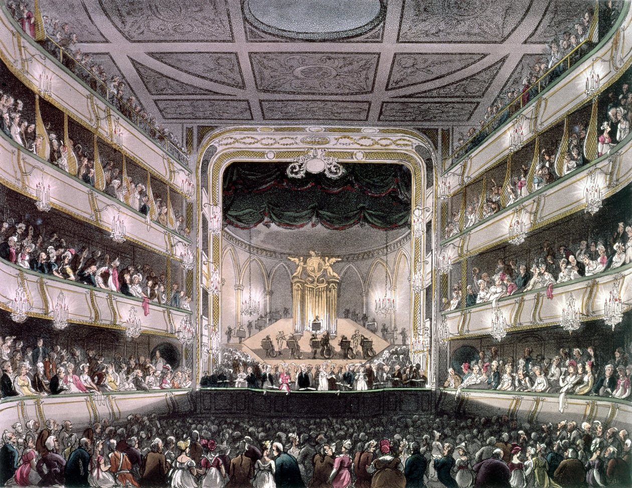 Covent Garden Theatre, 1808, z „Mikrokosmosu Londynu Ackermanna” rytowany przez J. Blucka (fl.1791-1831) (akwatinta) autorstwa Pugin and Rowlandson