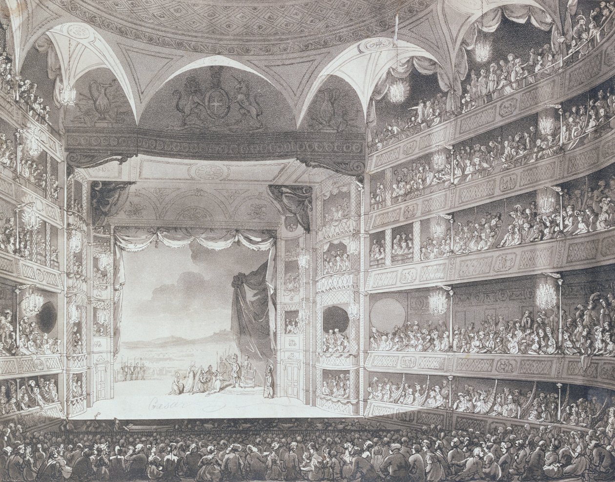 Wnętrze Teatru Drury Lane, Londyn, 1808 (akwatinta) autorstwa Pugin and Rowlandson
