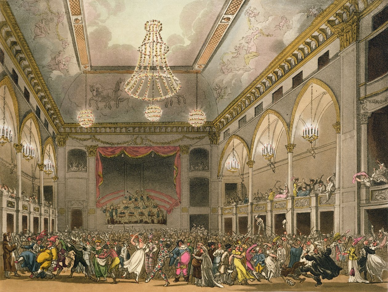 Panteon Masquerade z „Mikrokosmosu Londynu Ackermanna”, sztychowany przez Johna Blucka (fl.1791-1831) wydany 1800 (akwatinta) autorstwa Pugin and Rowlandson