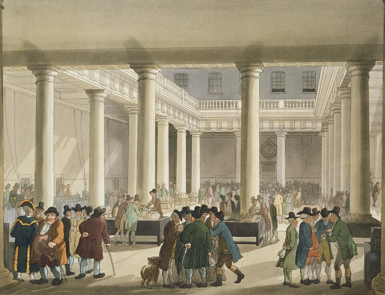 Giełda kukurydzy z „Mikrokosmosu Londynu” Ackermanna, 1808 (akwatinta) autorstwa Pugin and Rowlandson