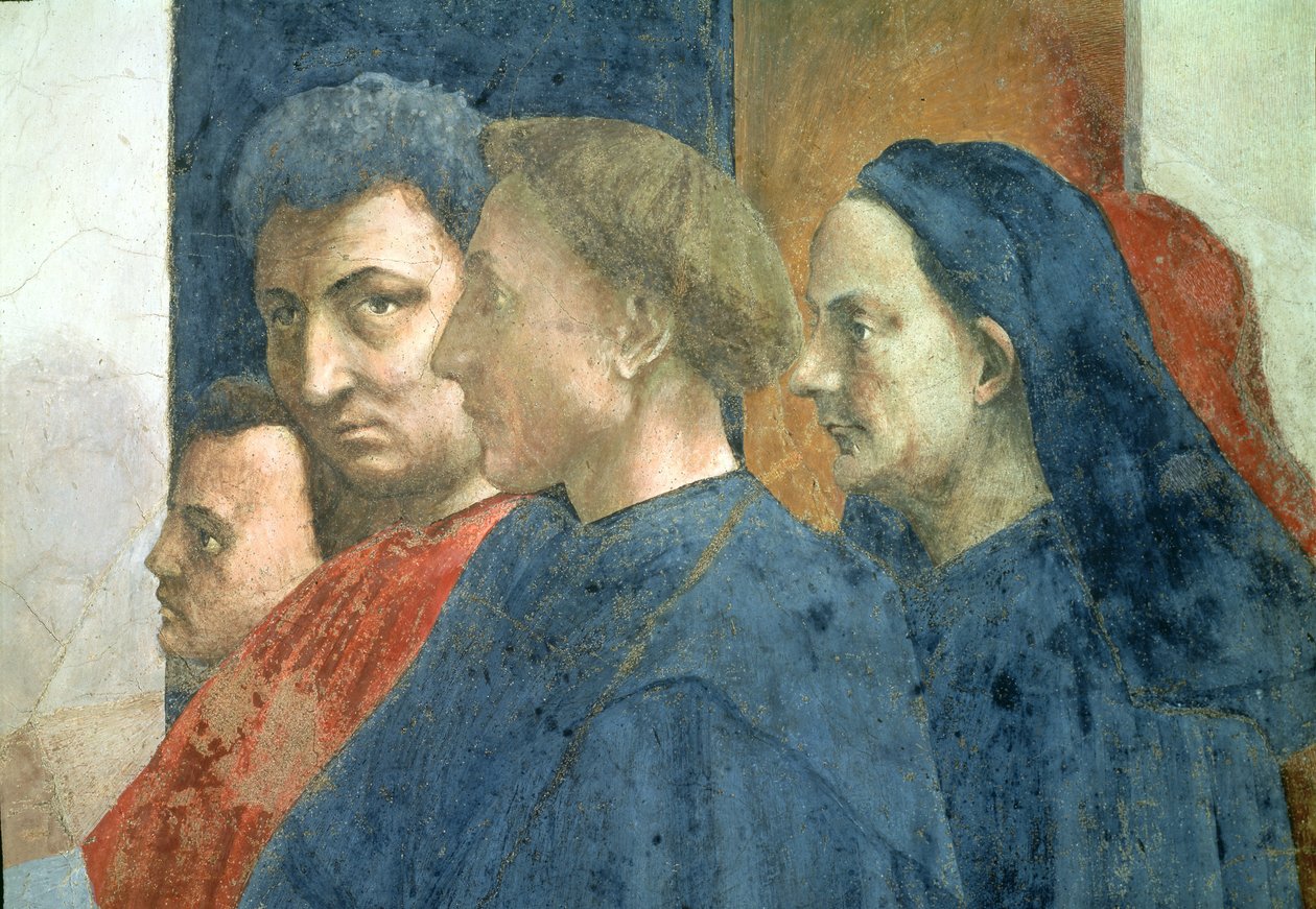 Wskrzeszenie Syna Teofila, króla Antiochii i św. Piotra na tronie jako pierwszego biskupa Antiochii (szczegóły twarzy po prawej stronie tłumu) c.1427 i c.1480 (patrz także 63302) autorstwa Tommaso Masaccio