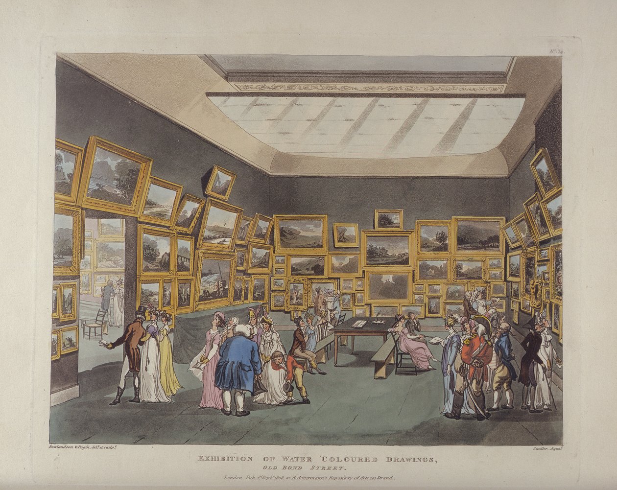 Wystawa rysunków wodnych, Old Bond Street, płyta 34, z Ackermanns Microcosm of London lub London in Miniature, wydane przez Rudolpha Ackermanna (1764-1834) rytowane przez Josepha Constantina autorstwa T. and Pugin Rowlandson