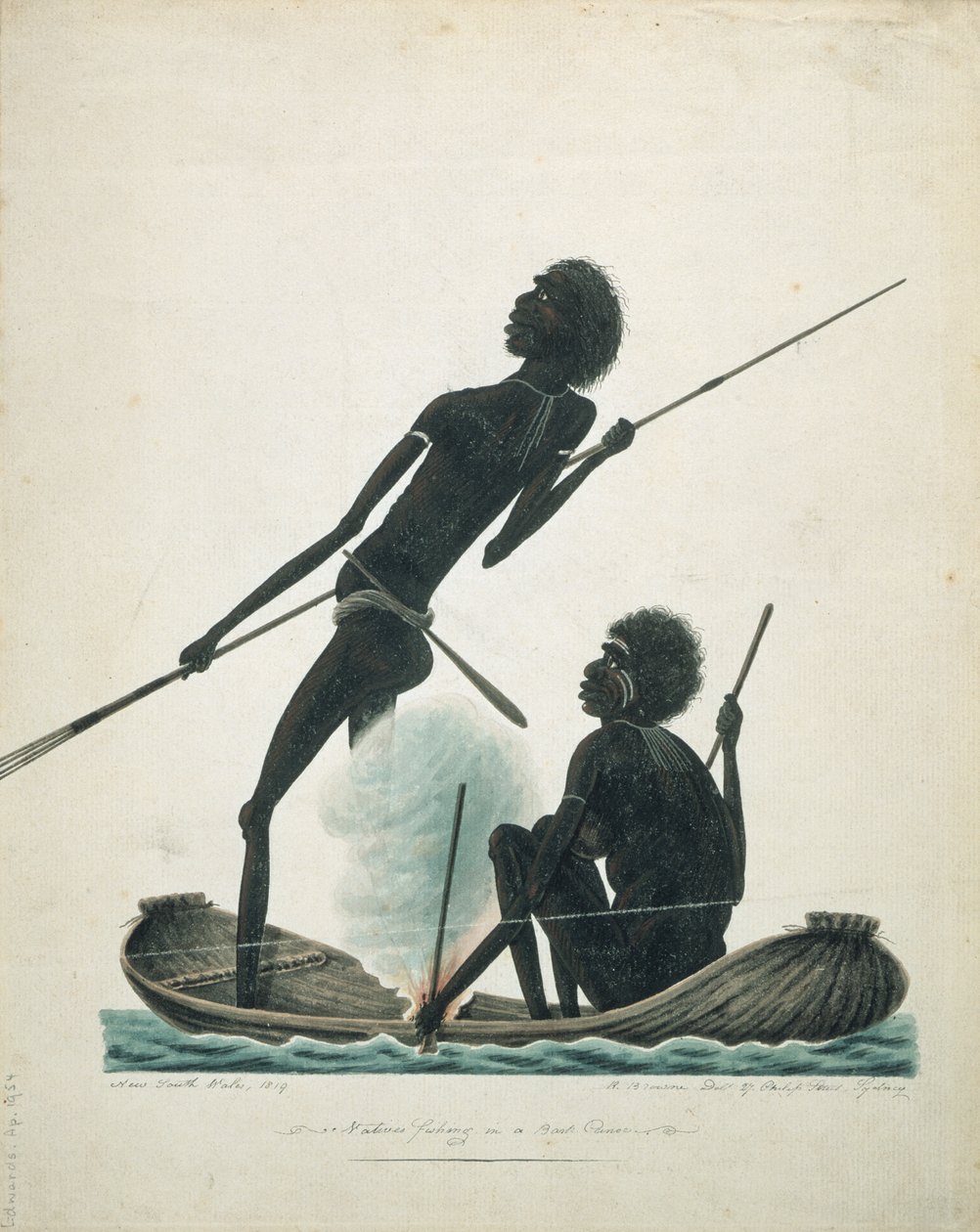 Tubylcy łowią ryby w czółnie z kory, 1819 autorstwa T.R. Browne