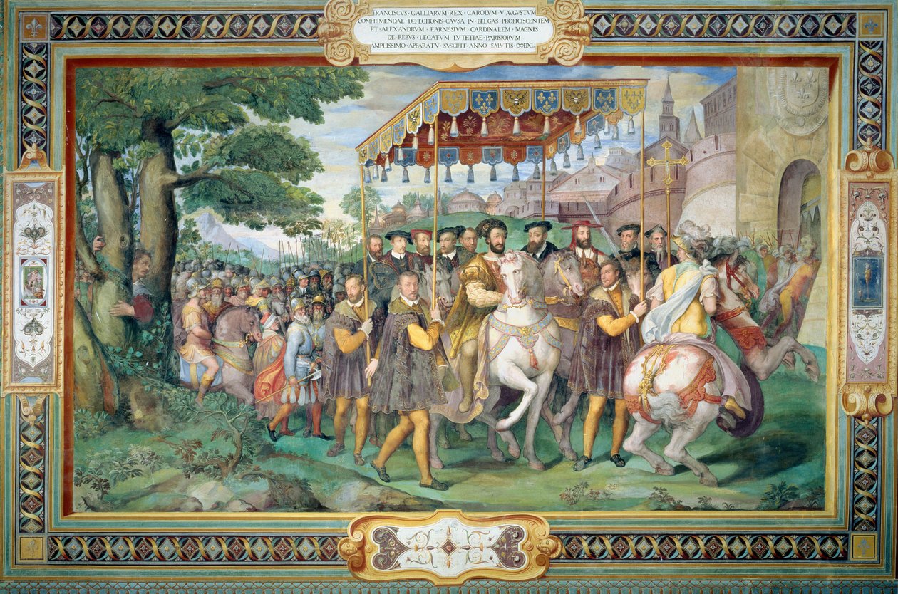 Franciszek I (1494-1547) i Alessandro Farnese (1546-92) Wjazd do Paryża w 1540 r. z „Sala dei Fasti Farnese” (Sala Wspaniałości Farnese) 1557-66 autorstwa Federico Zuccaro