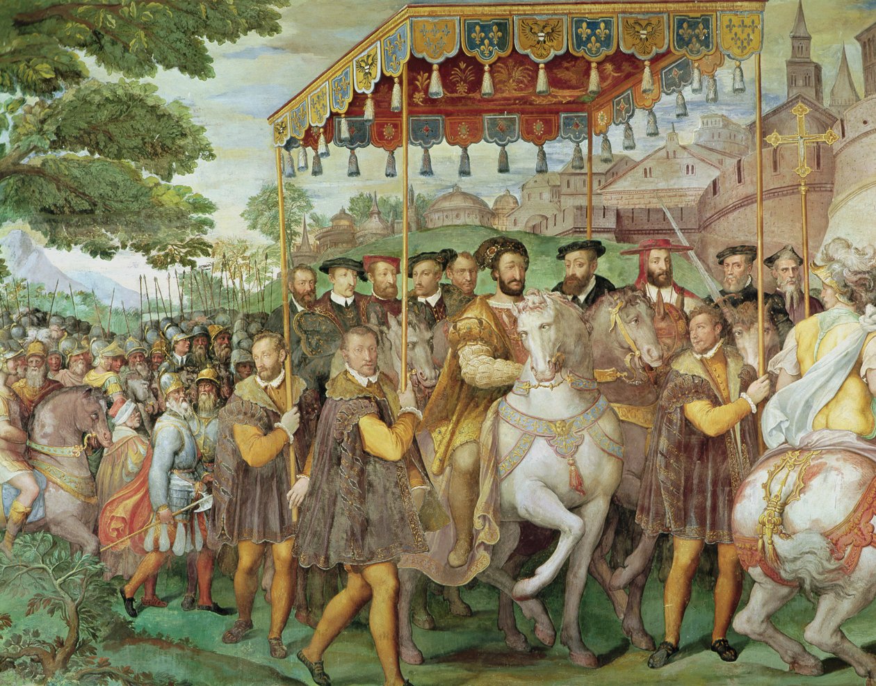 Uroczyste wejście cesarza Karola V (1500-58), Franciszka I (1494-1547) i Alessandro Farnese (1546-92) do Paryża w 1540 r. z „Sala dei Fasti Farnese”, 1557-66 (detal z 133347 r., zobaczyć autorstwa Federico Zuccaro