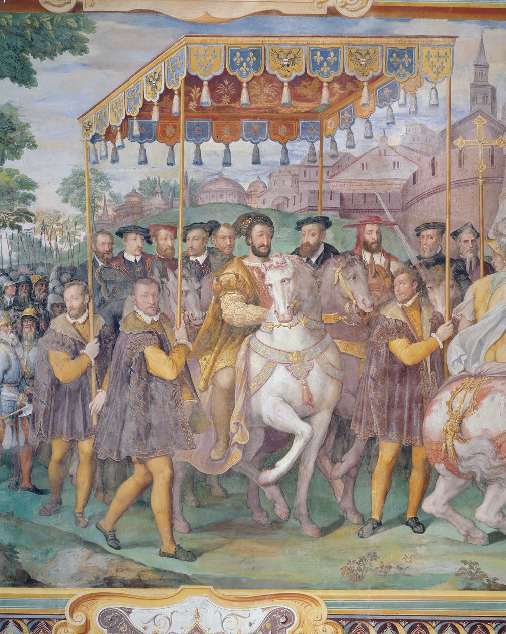 Uroczyste wejście cesarza Karola V, Franciszka I i Alessandro Farnese do Paryża w 1540 r., z „Sala dei Fasti Farnese”, 1557-66 autorstwa Federico Zuccaro