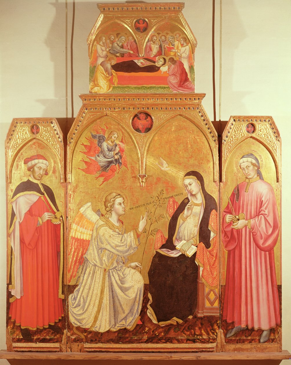 Zwiastowanie ze św. Kosmą i św. Damianem, 1409 (złoty liść i tempera na panelu) autorstwa Taddeo di Bartolo