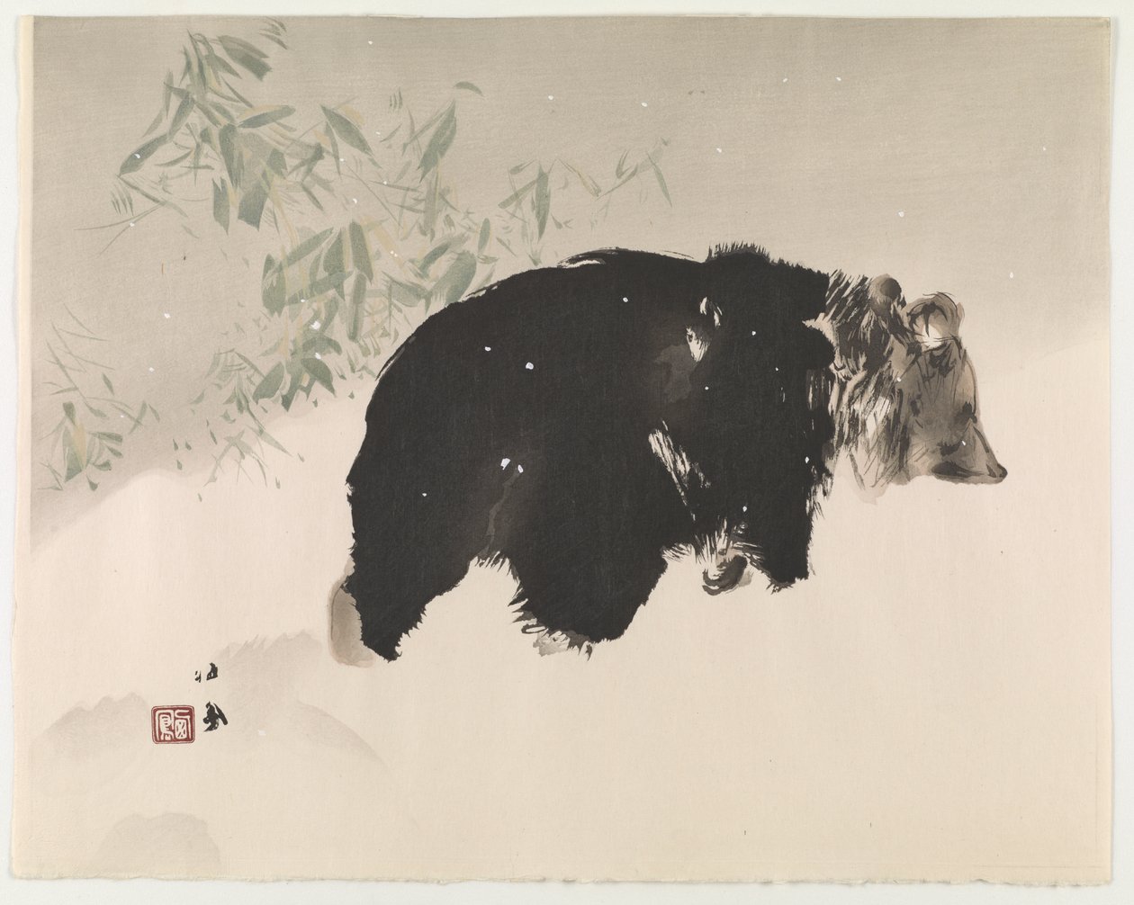 Niedźwiedź w śniegu, 1940 (kolorowy drzeworyt) autorstwa Takeuchi Seiho