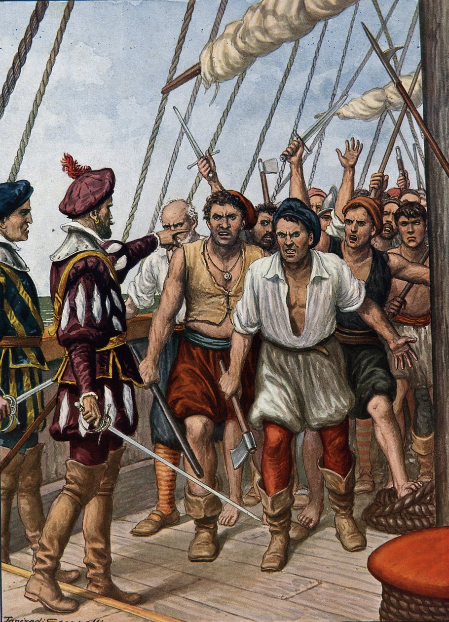Bunt załogi portugalskiego Flor de La Mar przeciwko ich generałowi Afonso de Alberquerque w c.1511, ilustracja z „Historii nawigatorów”, 1936 autorstwa Tancredi Scarpelli