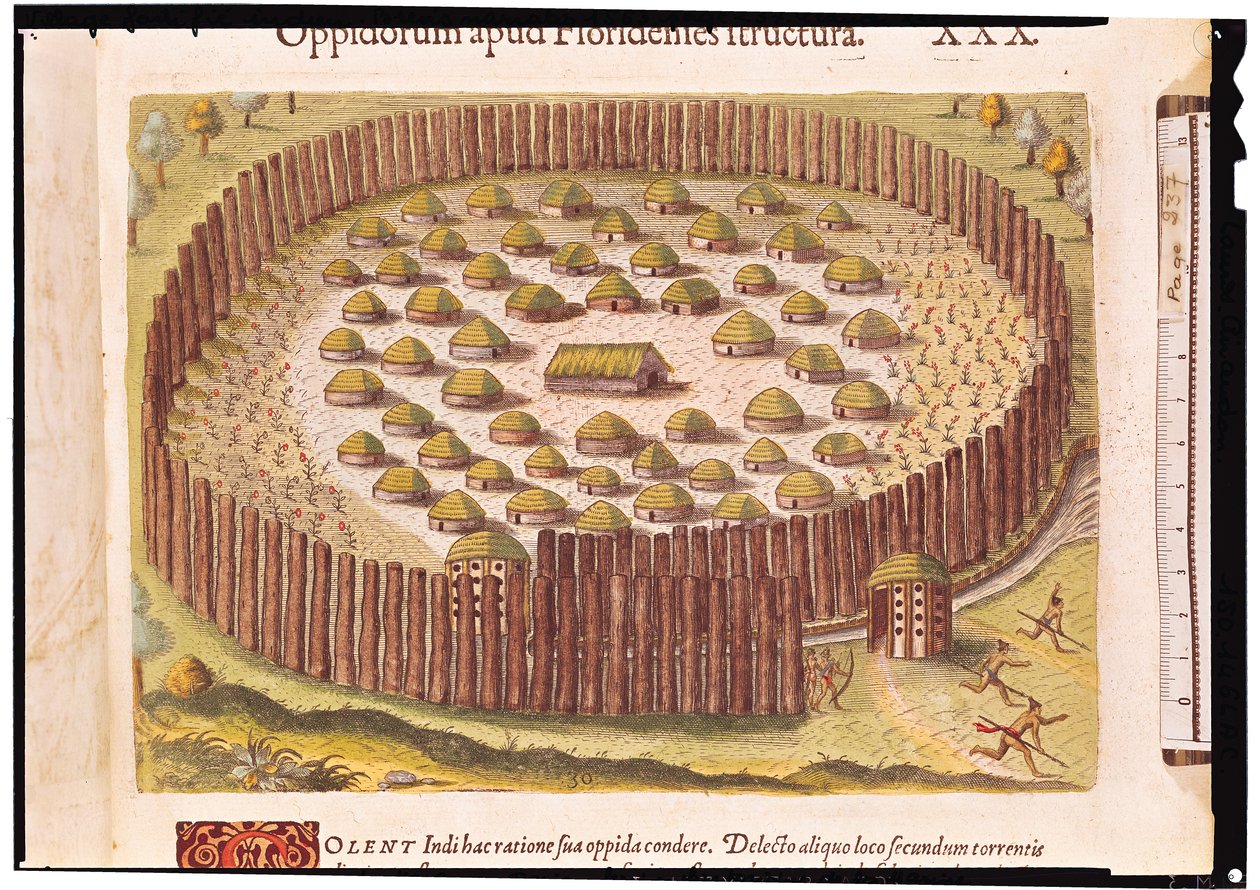 Ufortyfikowana wioska indiańska, z „Brevis Narratio...”, wydana przez Theodore de Bry, 1591 (szczegóły 180137) autorstwa after Le Moyne, J.Bry
