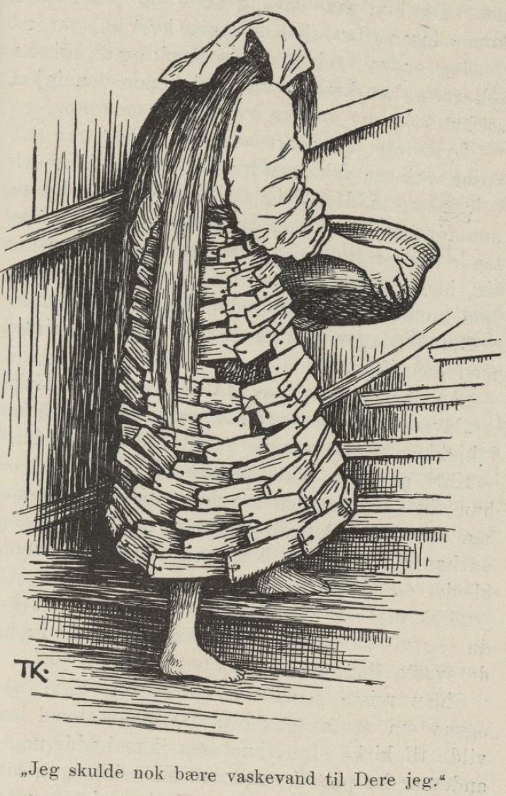Kari Trstakk Katie Woodencloak, w swoim ubraniu z kory mówi, że miałam tylko przynieść ci wodę do prania autorstwa Theodor Kittelsen