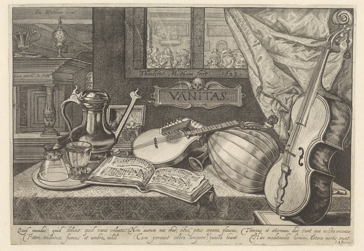 Vanitas martwa natura z instrumentami muzycznymi autorstwa Theodor Matham