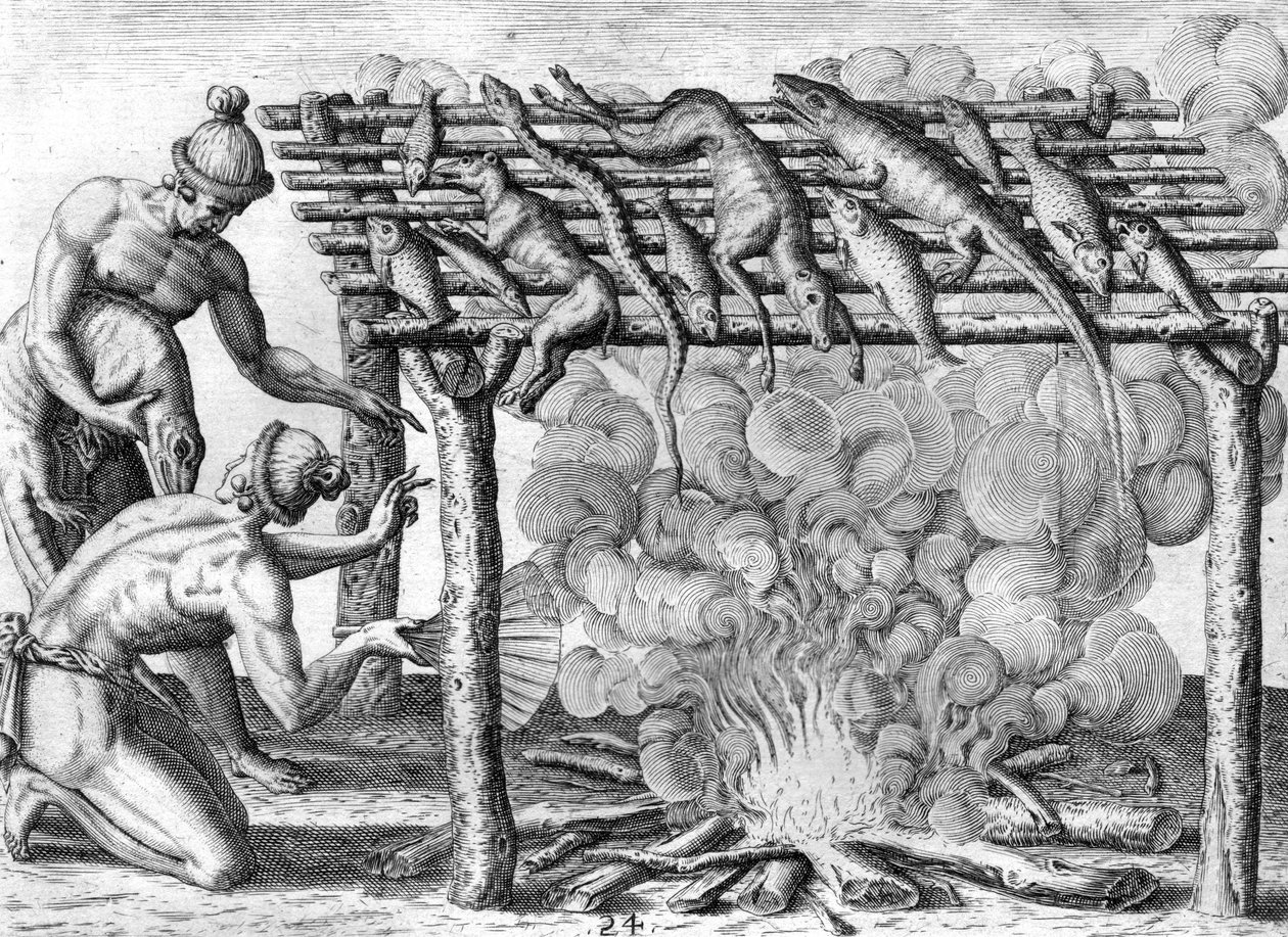 Indianie Timucuan suszący żywność autorstwa Theodor de Bry