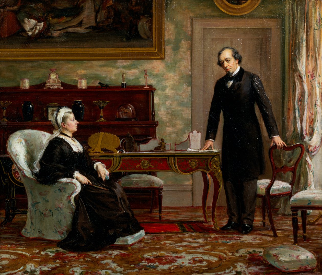 Pokój z honorem - królowa Wiktoria (1819-1901) z Benjaminem Disraeli (1804-81) po podpisaniu traktatu berlińskiego w 1878 roku autorstwa Theodore Blake Wirgman