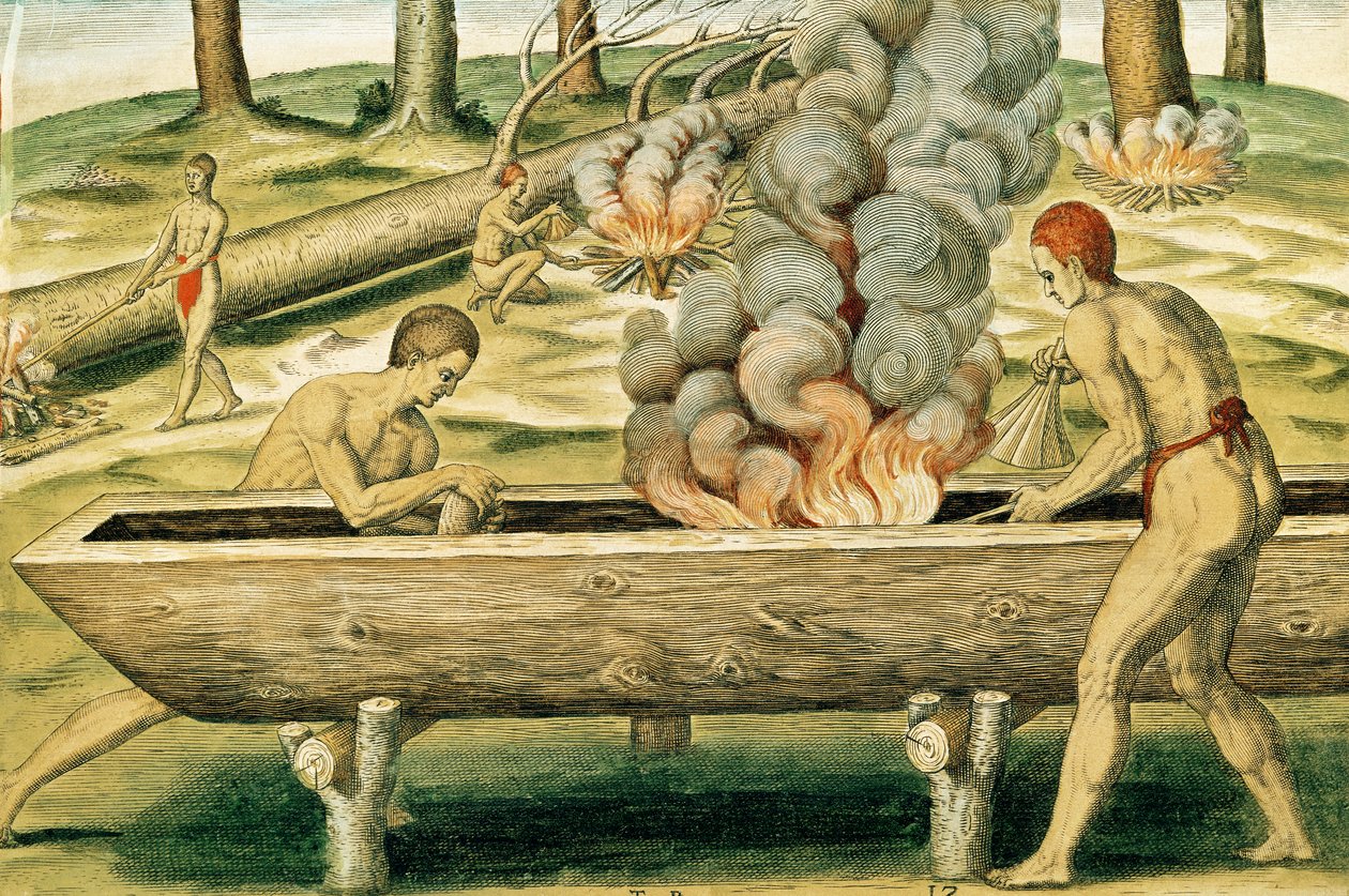 Indians Making a Dugout Canoe, z „Admiranda Narratio...”, wydanej przez Theodore de Bry autorstwa Theodore de Bry