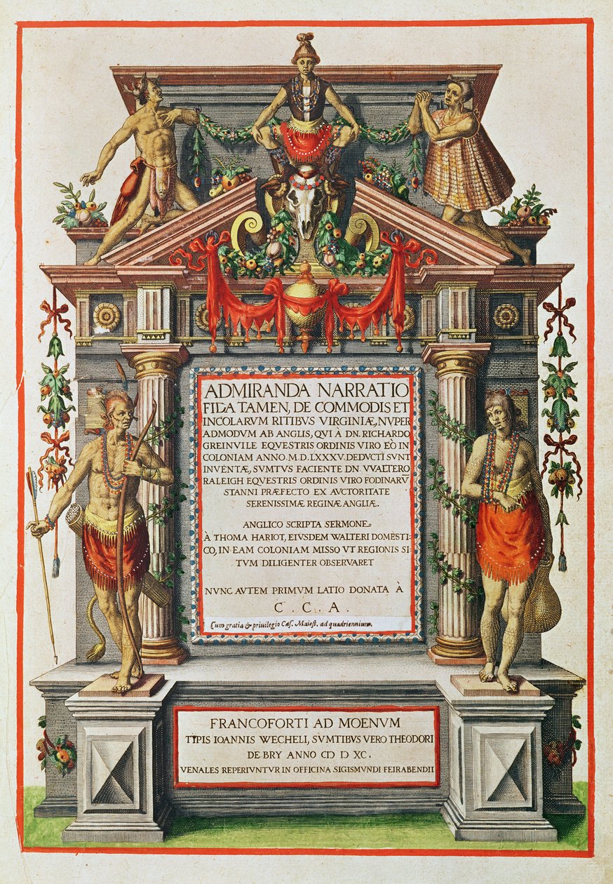 Admiranta Narratio.... Frontyspis (strona 1), 1585-1588 (kolor grawerowany) autorstwa Theodore de Bry