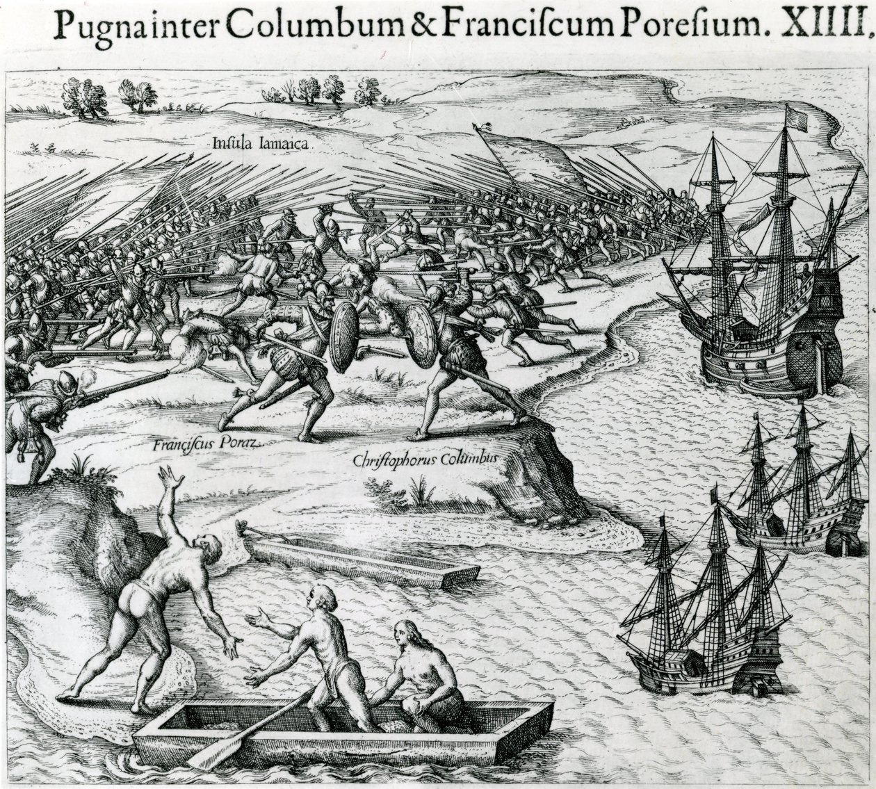 Bitwa na Jamajce między Krzysztofem Kolumbem (1451-1506) a Francisco Porazem, 1504, z „Mewe Welt und Americanische Historien” Johanna Ludwiga Gottfrieda, wyd. Mattaeus Merian, Frankfurt, autorstwa Theodore de Bry