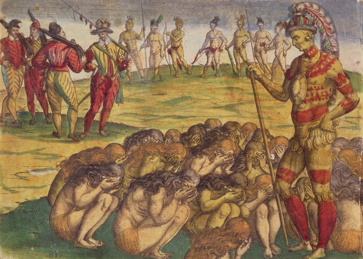 Pojmanie Azteków przez hiszpańskich kolonistów, ilustracja książkowa, ok. 1550 autorstwa Theodore de Bry