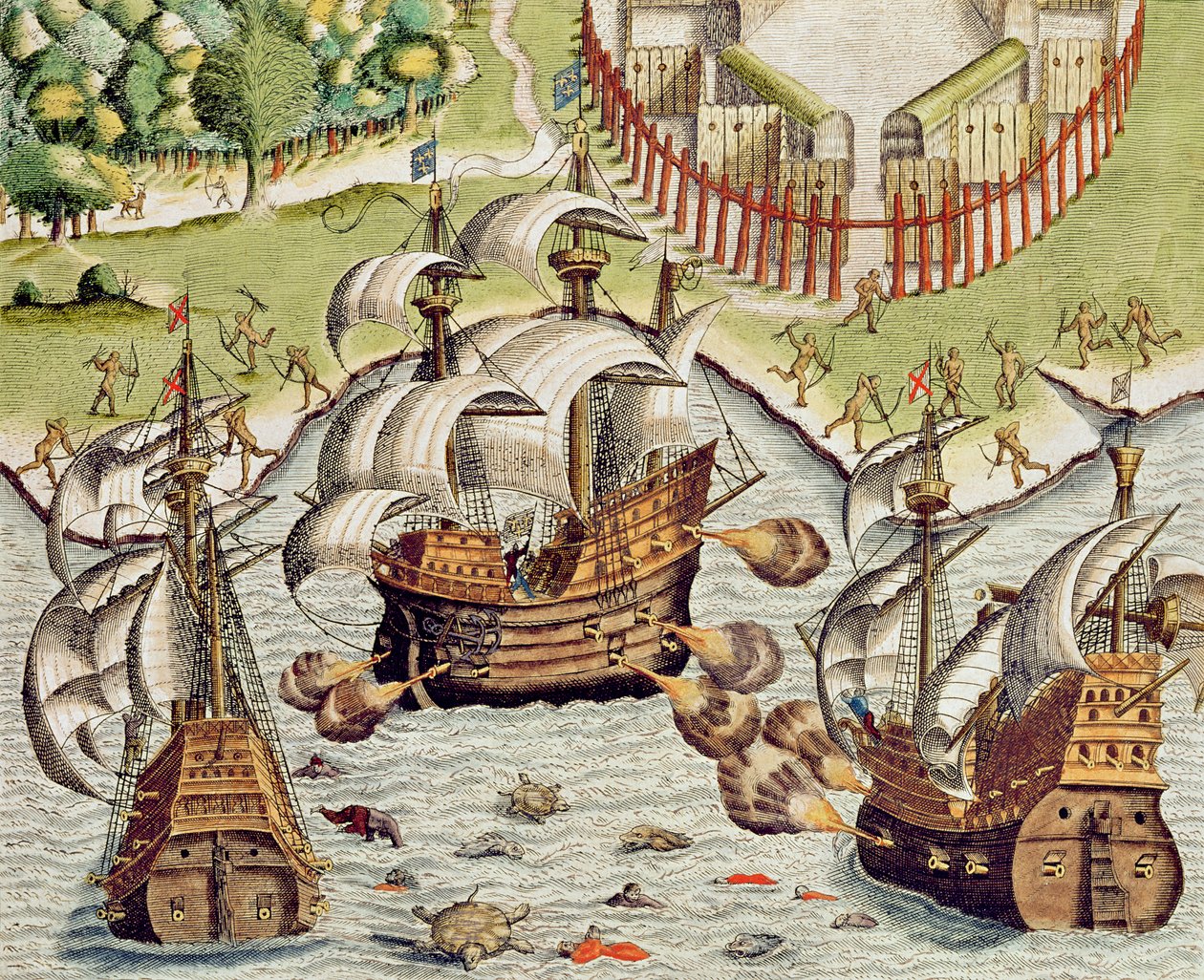 Bitwa morska między Portugalczykami i Francuzami na morzach u wybrzeży Potiguaran, z „Americae Tertia Pars...”, 1592 autorstwa Theodore de Bry