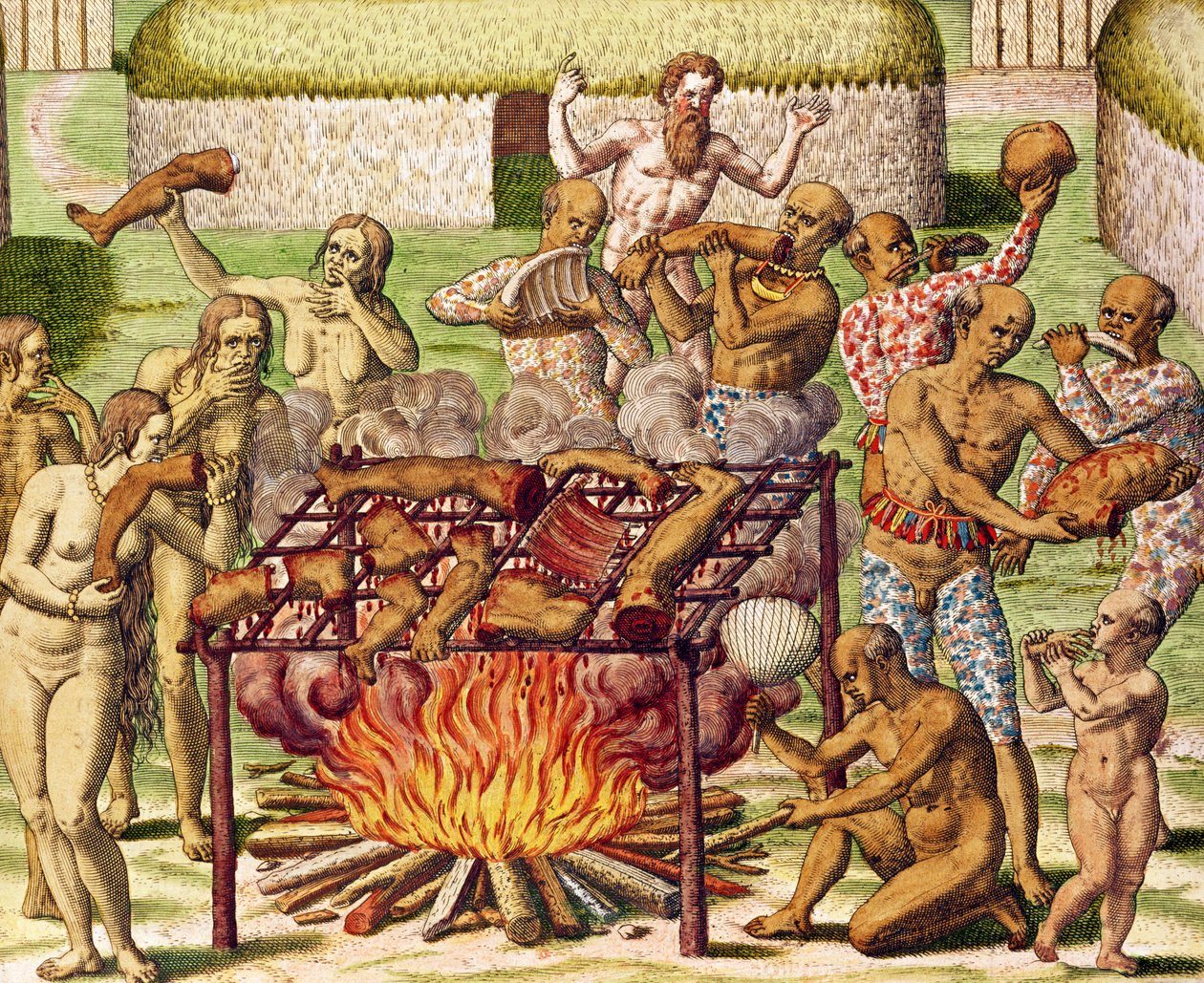 Scena kanibalizmu, z "Americae Tertia Pars...", 1592 (kolorowe grawerowanie) autorstwa Theodore de Bry