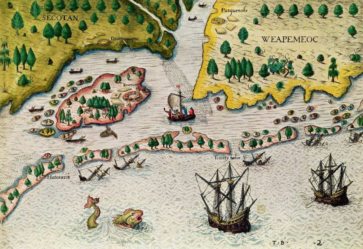 Przybycie Anglików do Wirginii, z „Admiranda Narratio...”, 1585-88 autorstwa Theodore de Bry