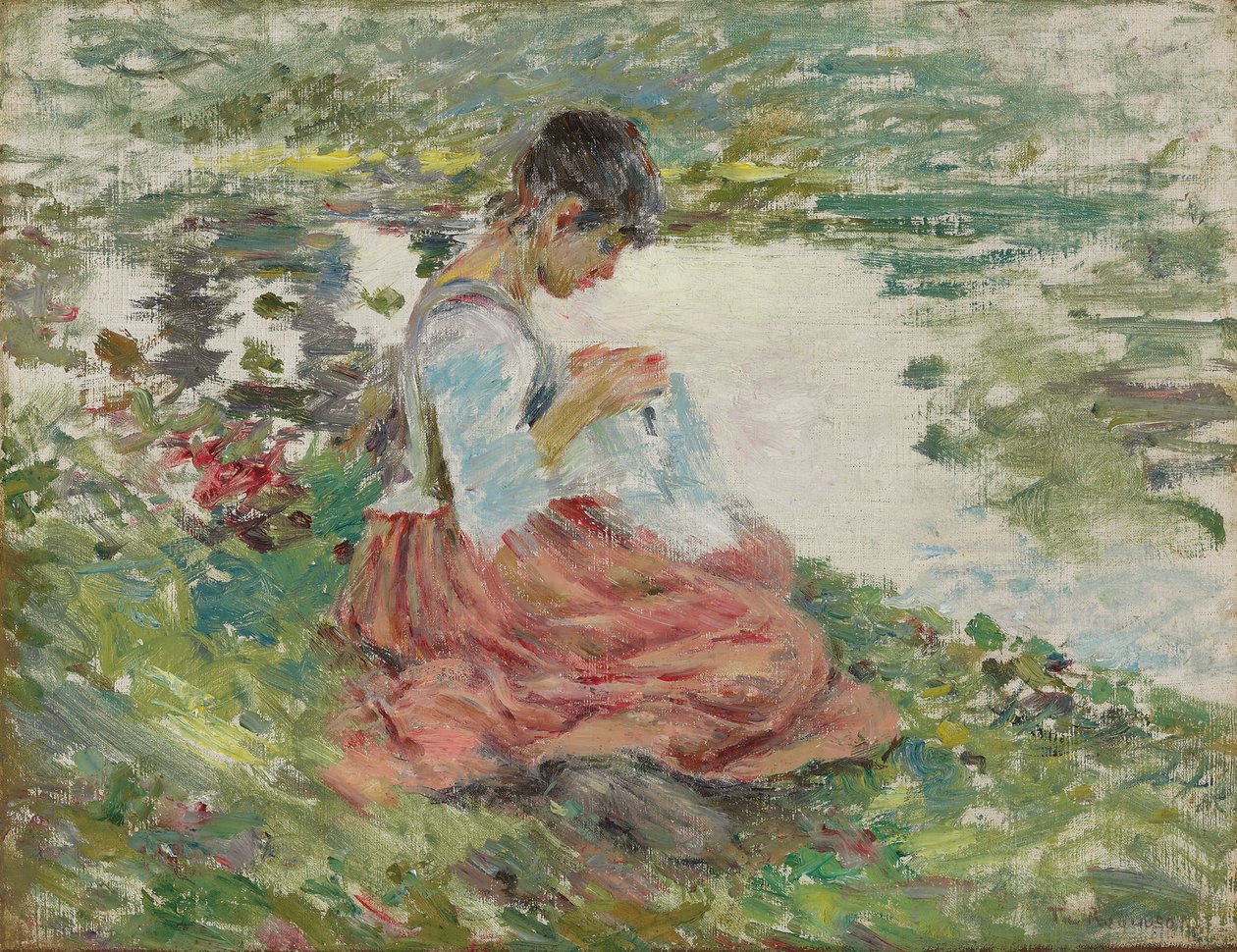 Dziewczyna szyjąca nad rzeką, ok. 1891 r. autorstwa Theodore Robinson