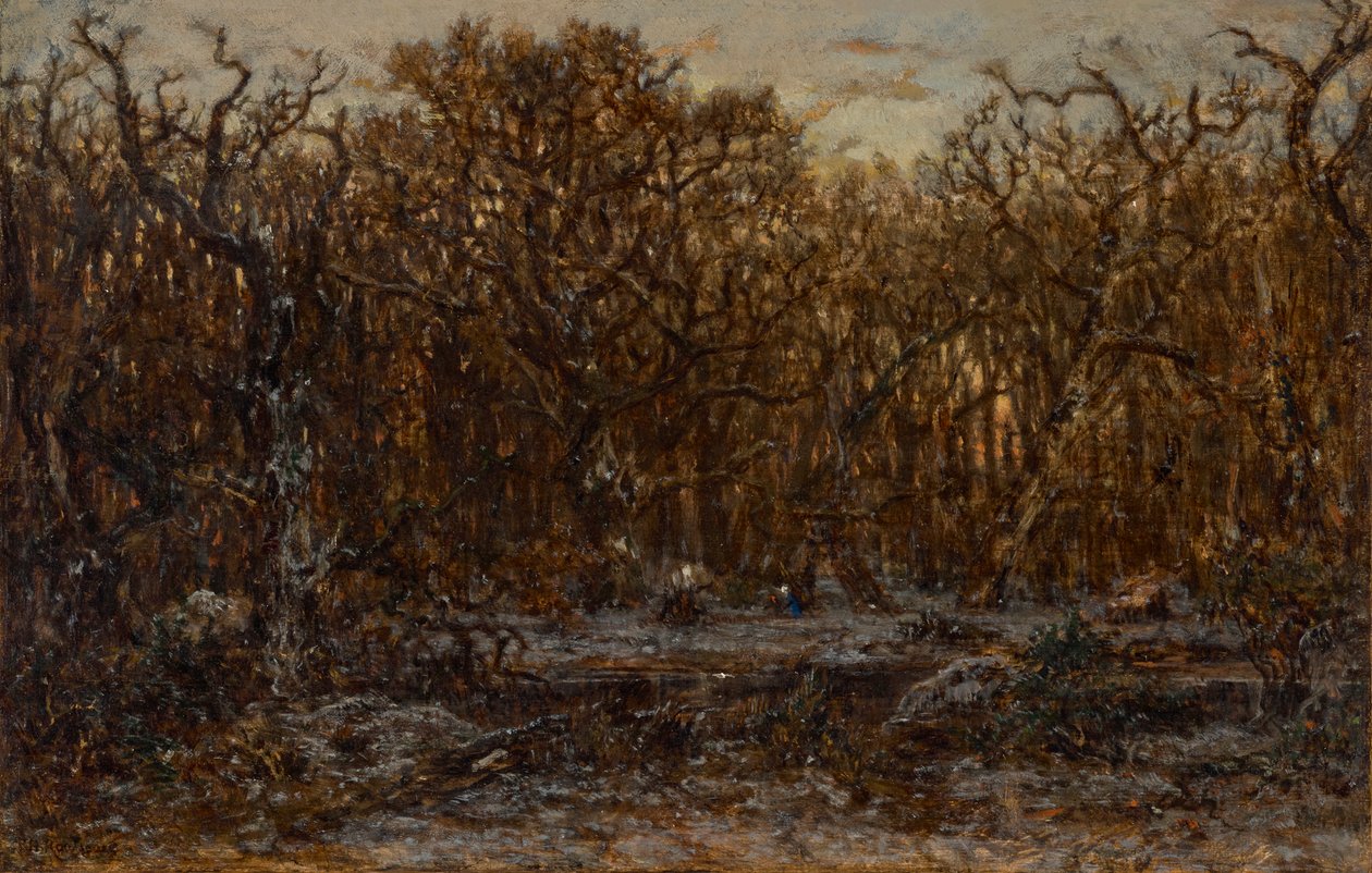 Las o zachodzie słońca w zimie autorstwa Theodore Rousseau