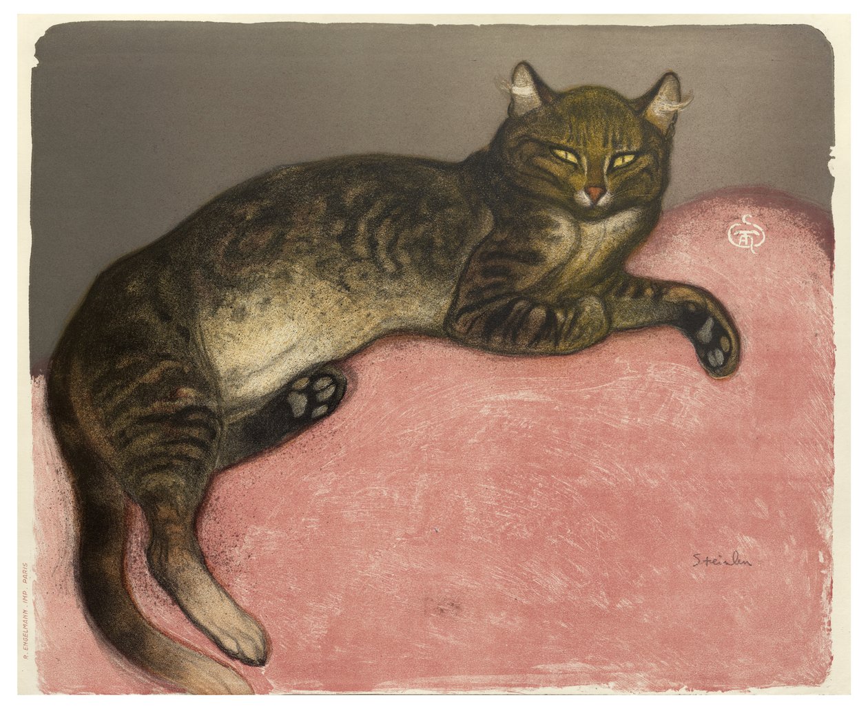 Zima, Kot na poduszce, 1909 (kolor lito na kremowym papierze) autorstwa Théophile Alexandre Steinlen