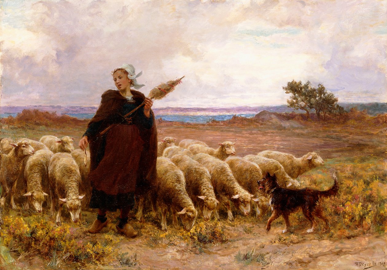 Pasterka ze swoim stadkiem, 1907 autorstwa Theophile Louis Deyrolle