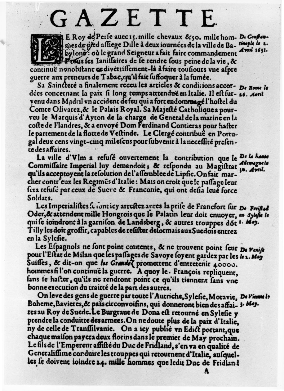 Strona tekstu z „La Gazette” opisującego oblężenie miasta w pobliżu Babilonu przez króla Persji, 1632 autorstwa Theophraste Renaudot