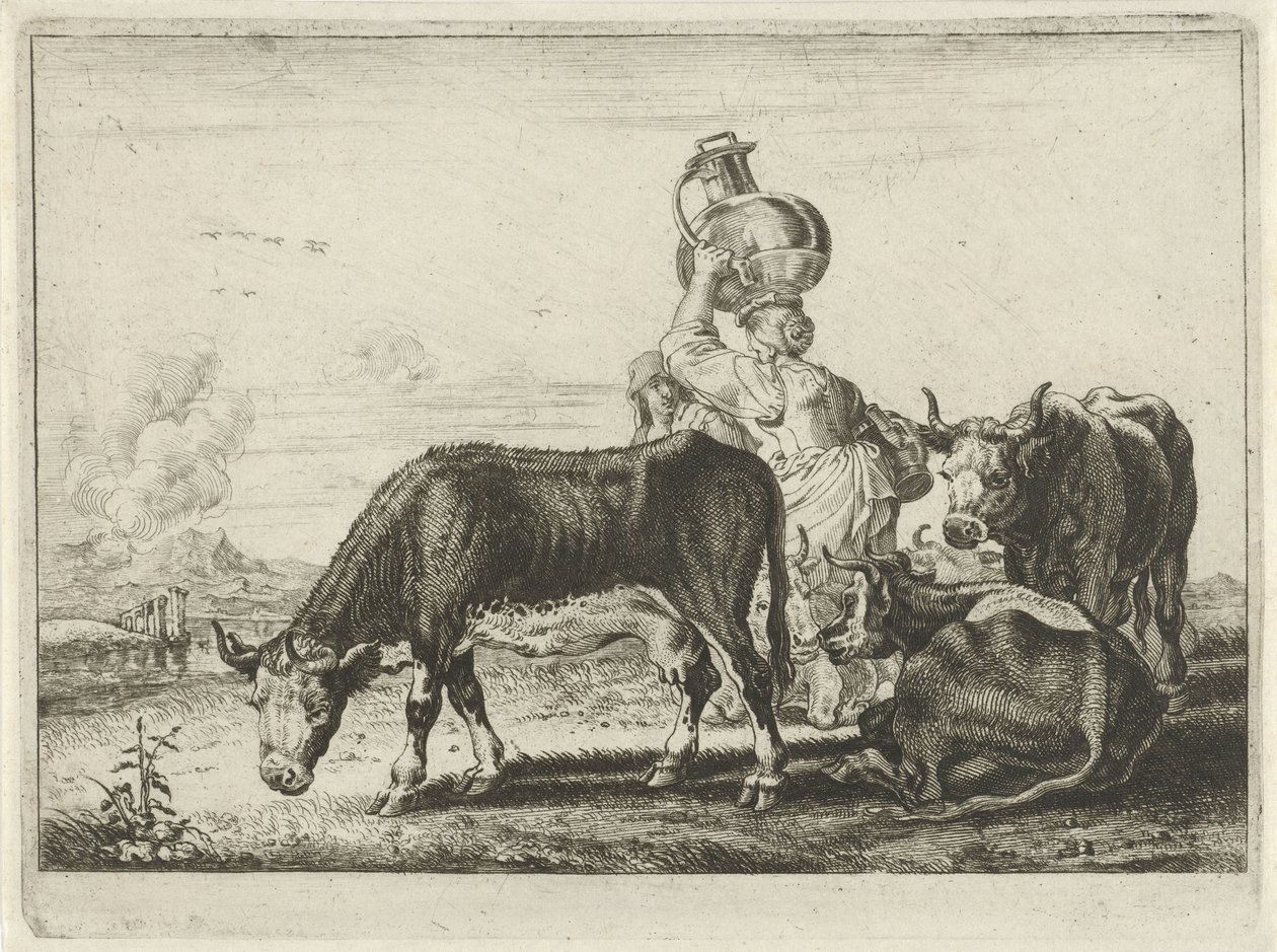Krowy i dwie dojarki autorstwa Théodorus van Kessel
