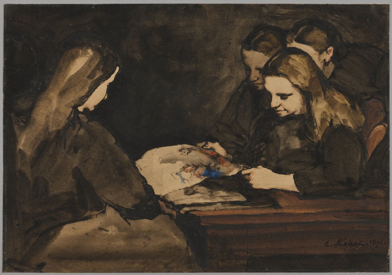 Cztery dziewczyny studiujące rysunek, 1876 . autorstwa Auguste Theodule Ribot