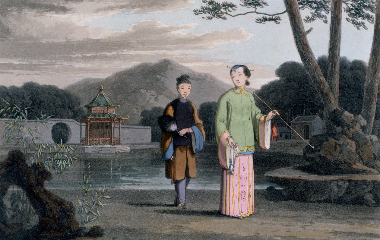Chinka z pawilonem w tle, z "Malowniczej podróży do Indii drogą przez Chiny", 1810 r. autorstwa Thomas und William Daniell