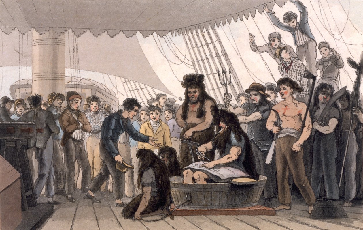 Crossing the Line (przebieranie się na przekroczeniu równika), z „Malownicza podróż do Indii, szlakiem Chin”, 1810 autorstwa Thomas und William Daniell