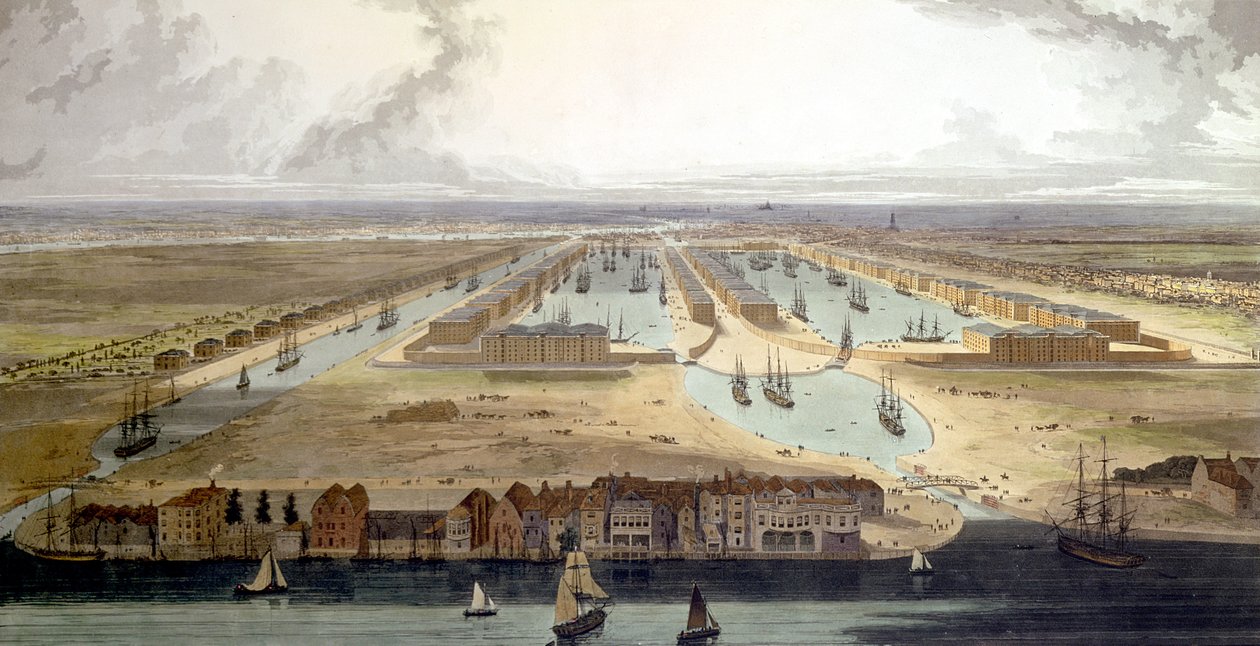 Podwyższony widok nowego doku i magazynów, 1802 autorstwa Thomas und William Daniell