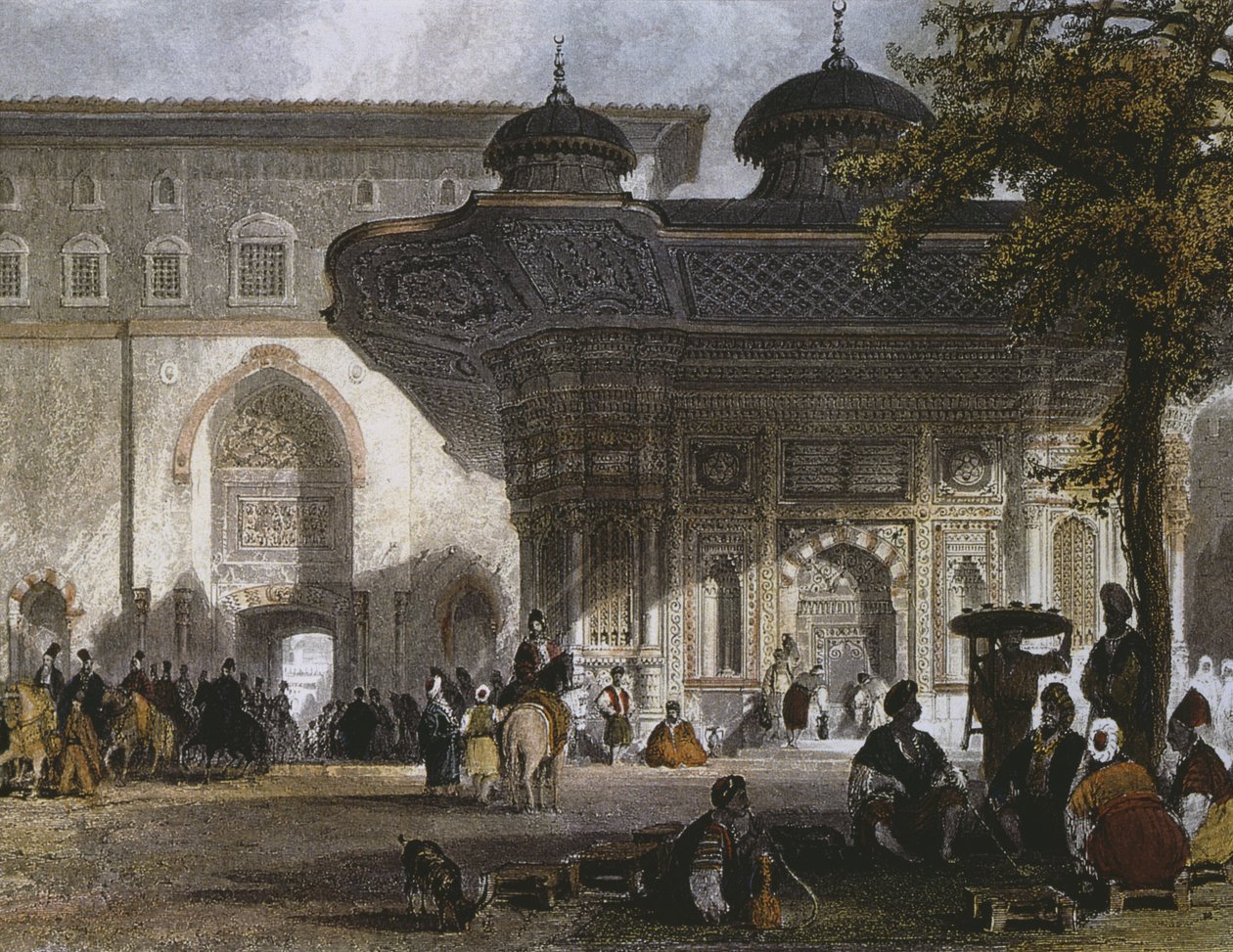 Cesarska brama pałacu Topkapi i fontanna sułtana Ahmeda III, Stambuł, 1839 (kolor grawerowany) autorstwa Thomas Allom