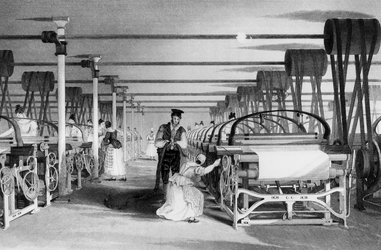 Power Loom Weaving, grawerowane przez J. Tingle, 1835 autorstwa Thomas Allom