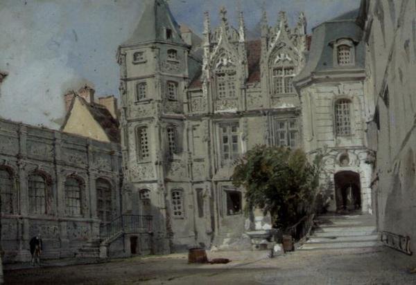 Hotel Bourgtheroulde na Place de la Pucelle, Rouen (wc na papierze) autorstwa Thomas Allom