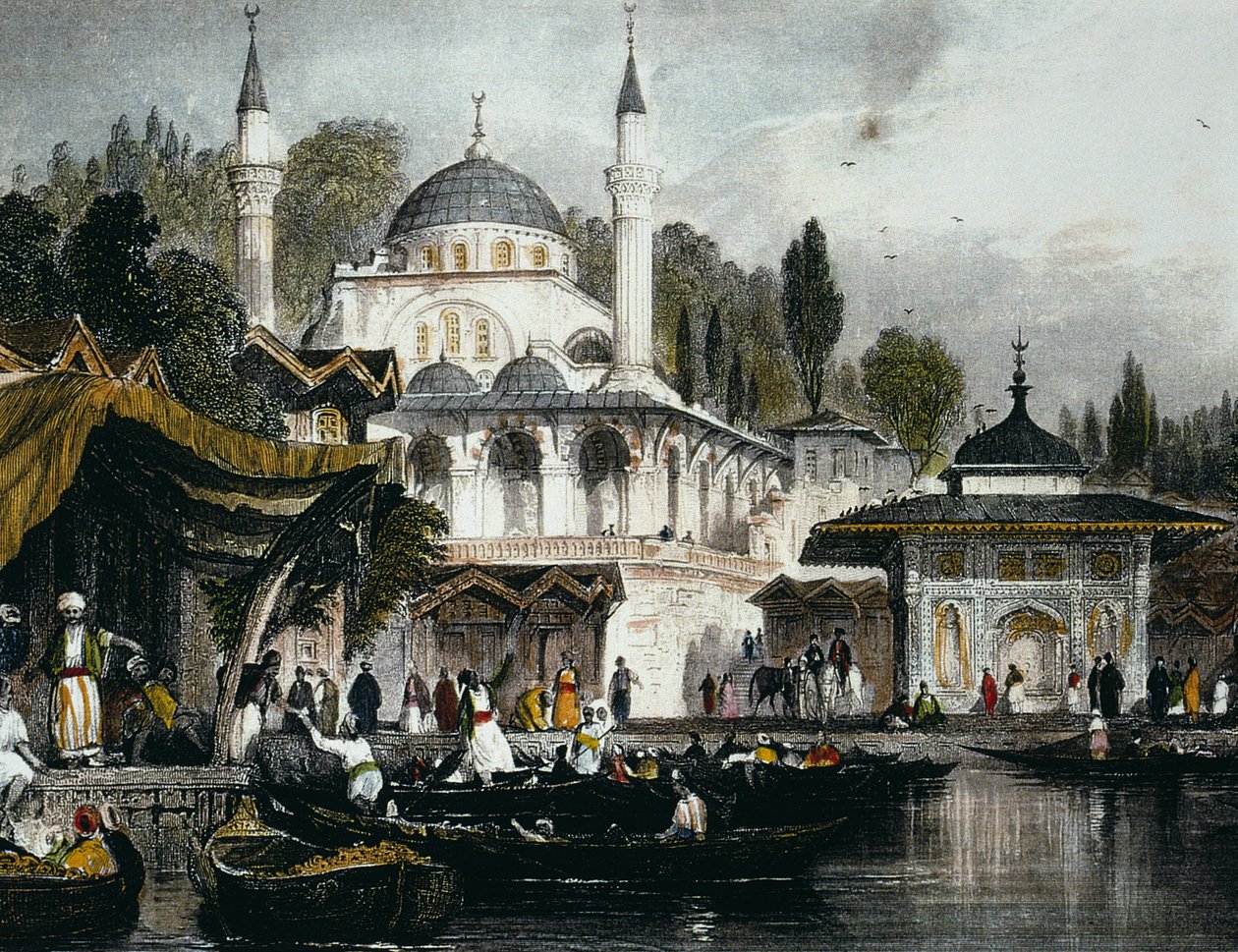 Meczet Mihrimah Sultan w Uskudar, na anatolijskim brzegu Bosforu, naprzeciwko Stambułu, 1839 (kolorowy grawer) autorstwa Thomas Allom