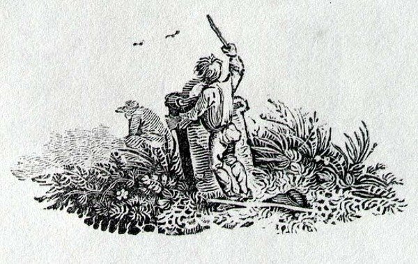 Chłopiec przy nagrobku z historii brytyjskich ptaków i czworonogów autorstwa Thomas Bewick