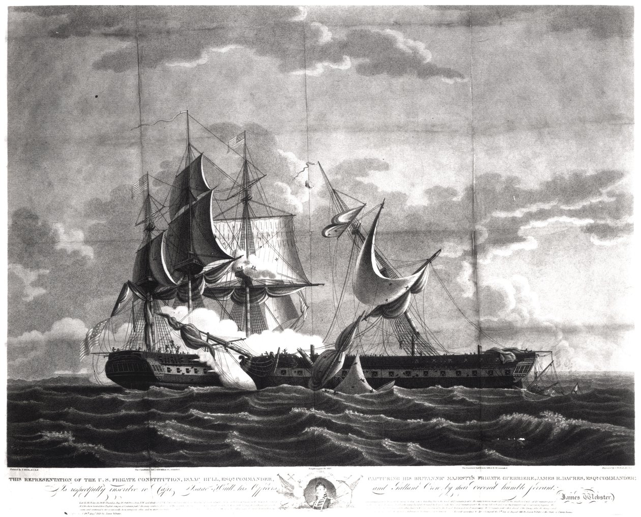 Reprezentacja amerykańskiej fregaty „Konstytucja”, Isaac Hull (1773-1843) Esq. Dowódca, zdobywając fregatę Jego Królewskiej Mości „Guerriere”, James R. Dacres, Esq. Komandor, 19 sierpnia 1812, engr autorstwa Thomas Birch
