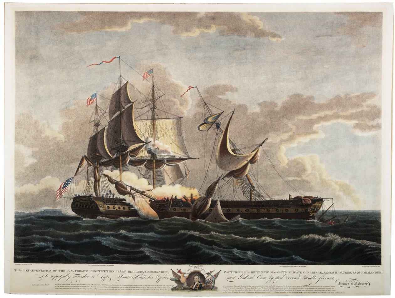 US Frigate Constitution przechwytująca Fregatę Guerriere, 1813 (ręcznie kolorowane grawerowanie) autorstwa Thomas Birch