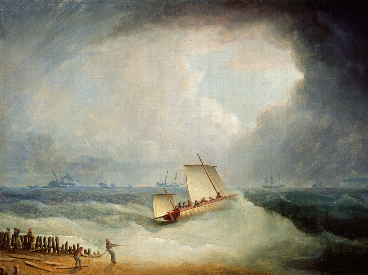 Deal Lugger wyruszający na statek płynący do burzy w Downs, South Foreland autorstwa Thomas Buttersworth