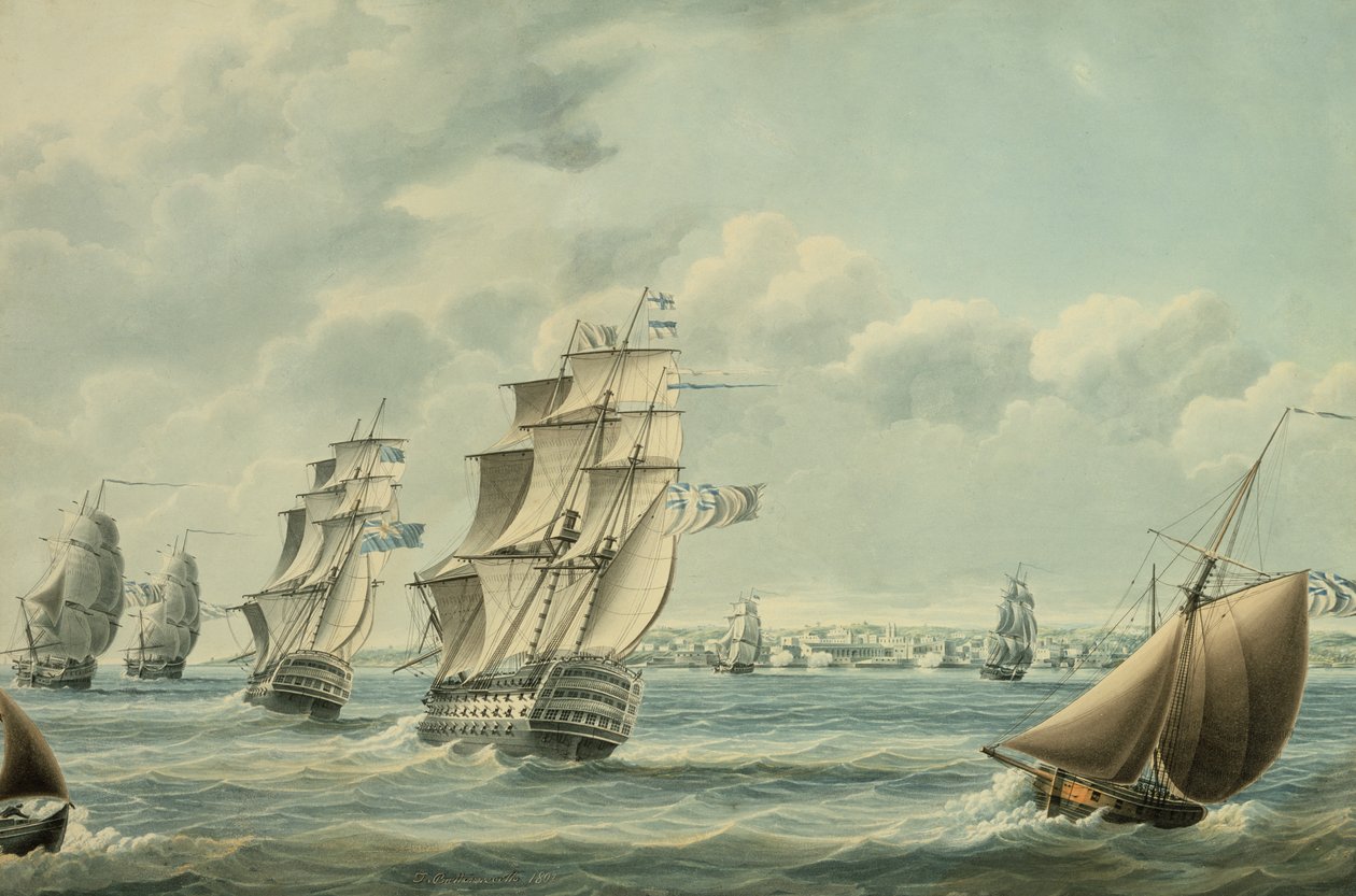 Brytyjskie statki blokujące Cadiz w 1797, 1797 (wc na papierze) autorstwa Thomas Buttersworth