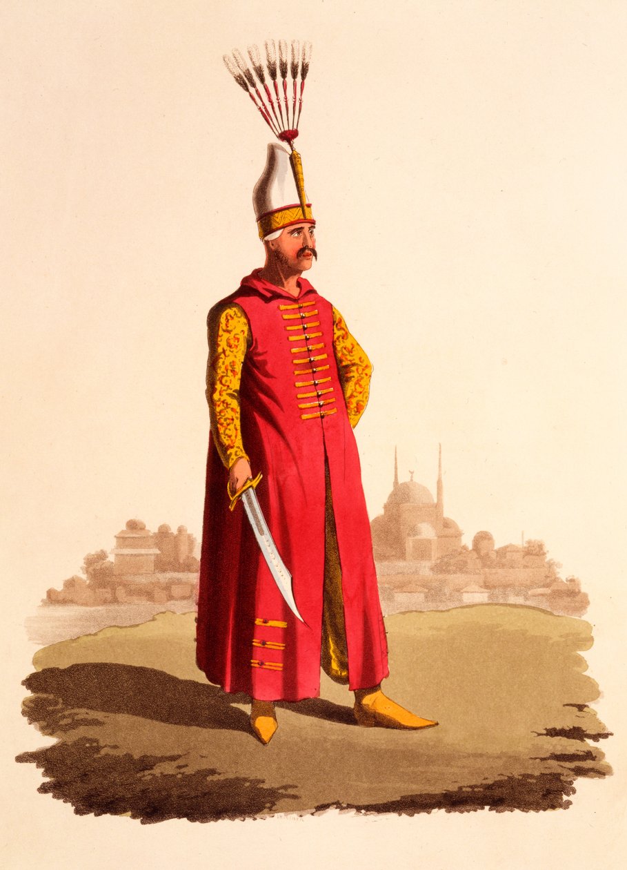Oficer janczarów, z „Strój wojskowy Turcji”, wydana w 1818 r. (akwatinta ręcznie kolorowana) autorstwa Thomas Charles Wageman