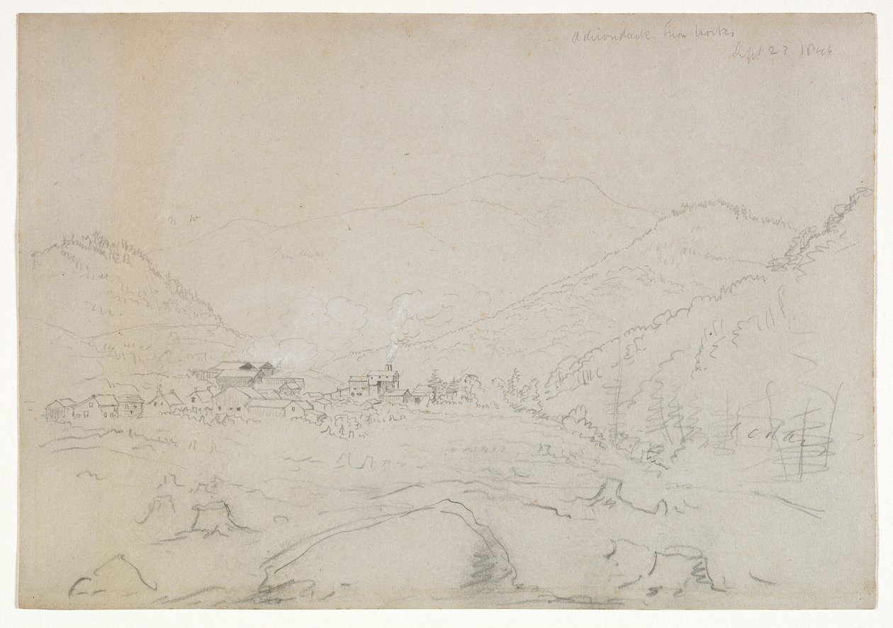 Adirondacks Iron Works, 1846 (grafitowy ołówek na tkanym papierze) autorstwa Thomas Cole