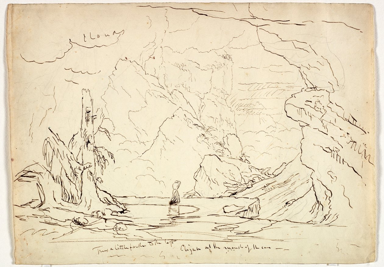 Eliasz przy ujściu jaskini, ok. 1829 (pióro i atrament na graficie na papierze) autorstwa Thomas Cole