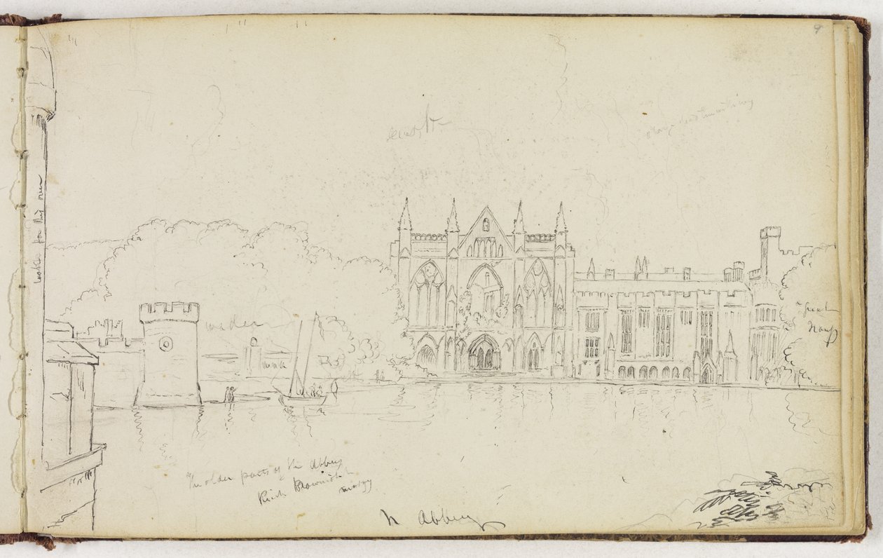 Opactwo Newstead, Nottinghamshire, Anglia, ok. 1830 (pióro i czarny tusz na grafitowym ołówku na papierze tkanym w kolorze złamanej bieli) autorstwa Thomas Cole