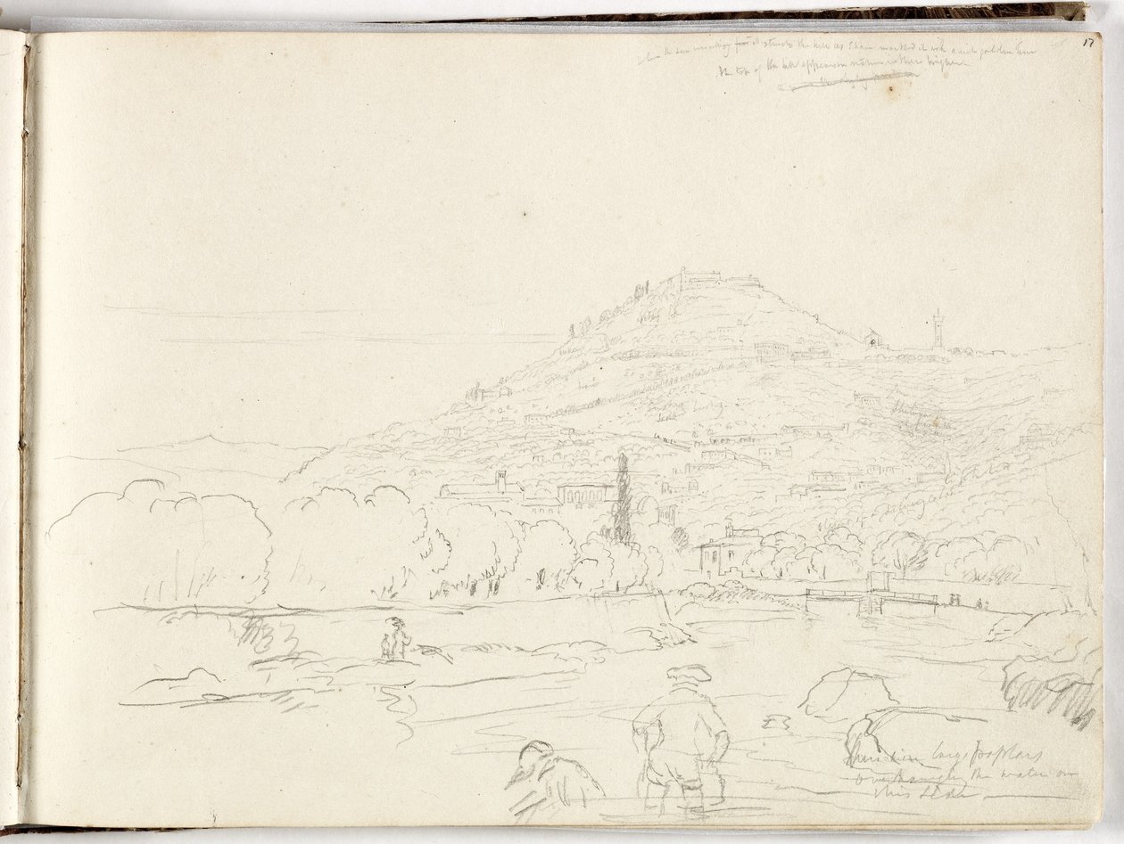 Szkic szczytu wzgórza, brzegu rzeki i postaci, 1831 autorstwa Thomas Cole